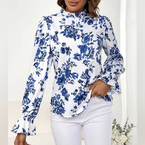 Floral Print Flouncy Sleeve High Ruffle Neckline Pearl Button Keyhole Detail - Picture 13 of 14